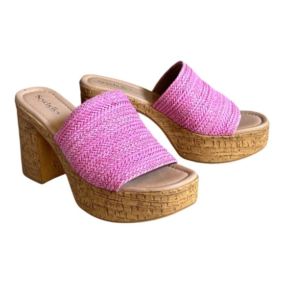 Seychelles Heeled Slide Sandals 9.5 NEW Applause Pink Woven Mules Leather Lined - Picture 1 of 11